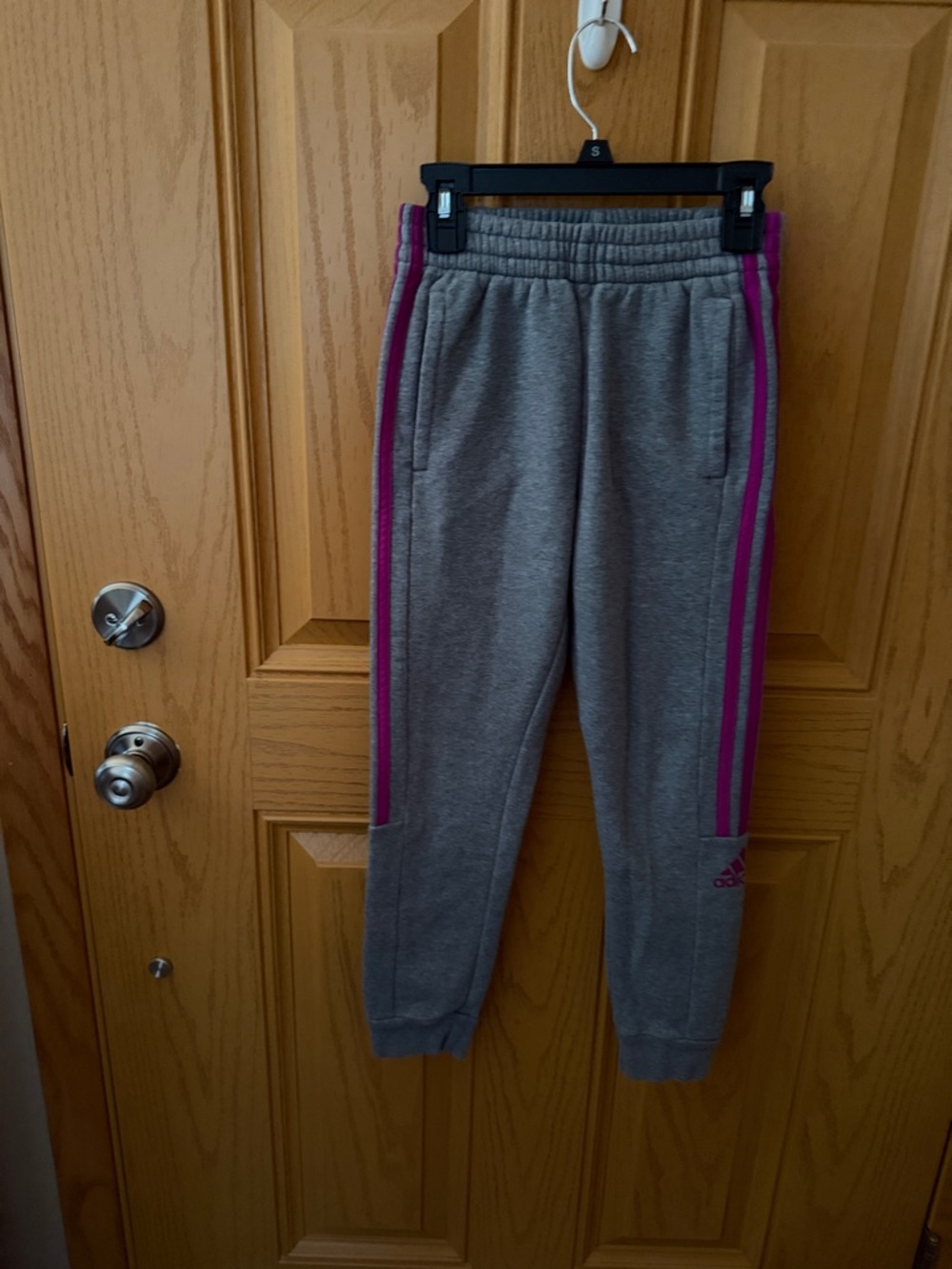 Girls Adidas Grey Joggers with Pink Side Stripes - Athletic Fit Size S 7/8